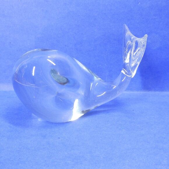 Whale Paperweight Crystal Clear Art Glass Vintage MCM Solid - Picture 1 of 13